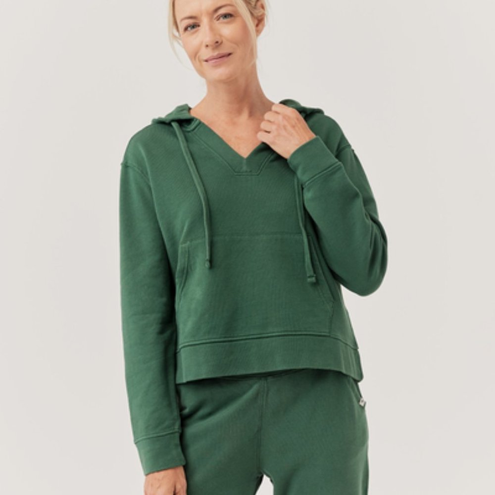Pact Organic Women's Green The Downtime V-Neck Hoodie L cotton NWT